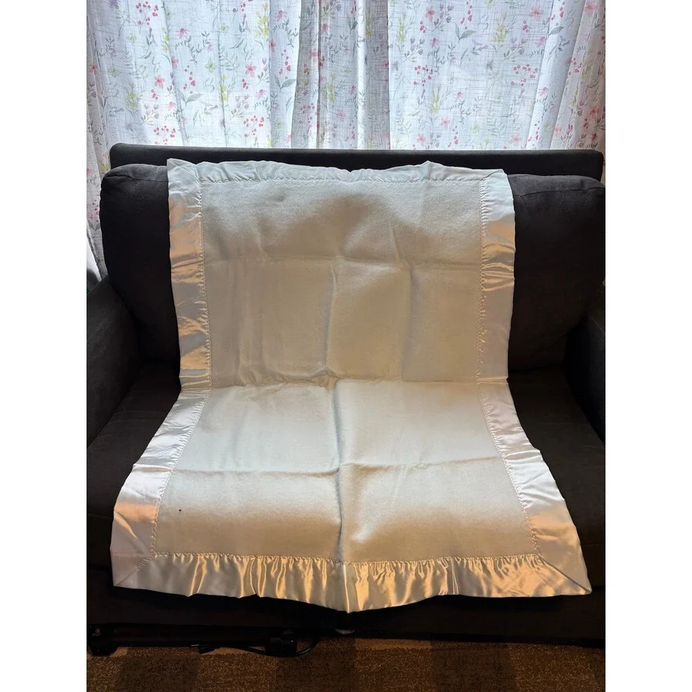 Curity Baby Blanket acrylic nylon Satin Trim vintage light blue